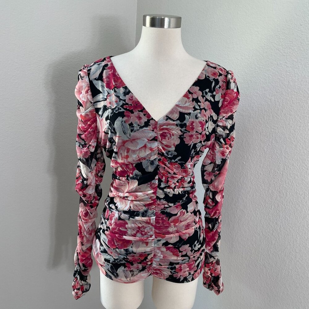 White House Black Market Womens Large Floral V Neck Ruched Top Blouse